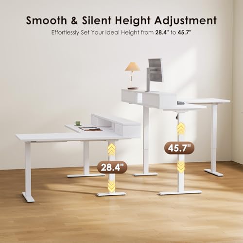 Image of Casaottima 59 Inch Electric L-Shaped Standing Desk with Drawers, Height Adjustable Stand Up Corner Desk with Monitor Stand, Lift Table for Home, Office, Workstation, White