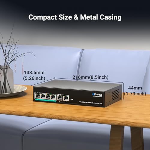 Image of 6 Ports 10Gb Unmanaged PoE Ethernet Switch with 4*2.5G Base-T PoE Ports, 2*10G RJ45 Ports. 60Gbps Switching Capacity, GiGaPlus 10Gbps Network Switch for 2.5G /10Gbps NAS /PC, WiFi6 Router, Wireless AP