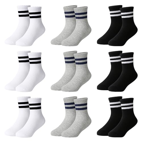 Moitiy 9 pares de calcetines para niños, niños y niñas, calcetines de tenis, calcetines elásticos de algodón unisex para deportes, multicolor, 31-34