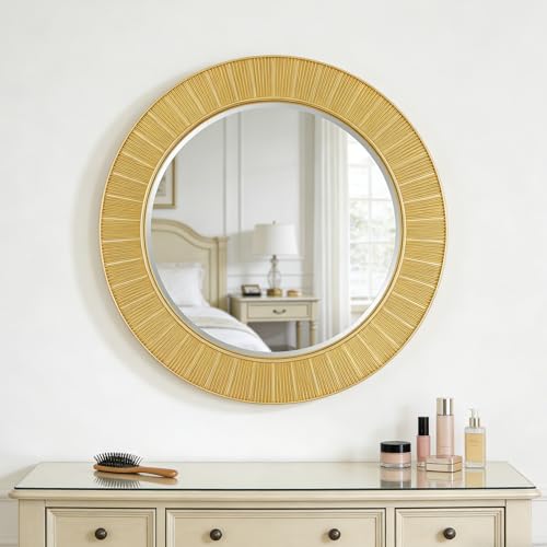 Image of Uniclinens Gold Round Wall Mirror - Modern Large Coastal Round Mirror Decor with Clean Lines, Sun-Shaped Circle Wall Decor Art for Bathroom Entryway Fireplace Living Room Bedroom Hallway,31 inch