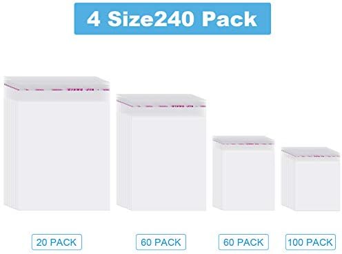 4 Size 240 Pieces Clear Plastic Bags, Resealable Cellophane Cello Bag Self-Sealing Bag for Cookies, Decorative Wrapper, Party Favor, Clothes (4 x 6 Inch, 5 x 7 Inch, 8 x 12 Inch, 10 x 13 Inch)