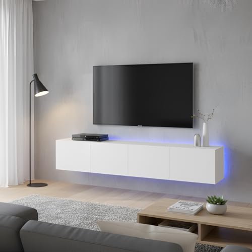 Canditree Ensemble Meubles TV Suspendu avec Lumières LED, Meuble TV Mural avec Rangement, étagère TV Flottante 160cm (Blanc)