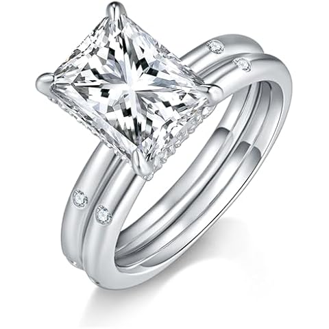 Bo.Dream Wedding Ring Sets, 3ct Radiant Cut Cubic Zirconia, Platinum Plated 925 Sterling Silver Engagement Ring Sets for Women (Size 8) Cover