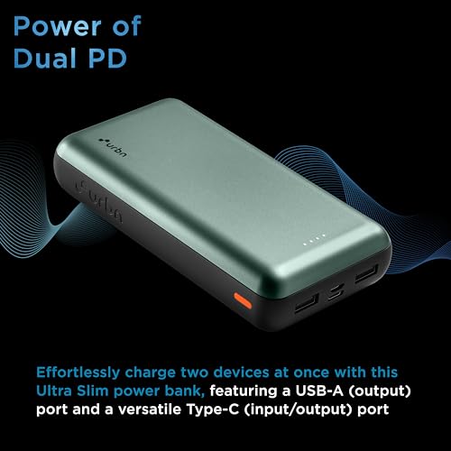 Image of URBN 20000 mAh Li-Polymer Ultra Compact Power Bank | 12W Fast Charge | Dual USB Output | Type C & Micro USB Input Only | Pocket Size | Made in India (Green)