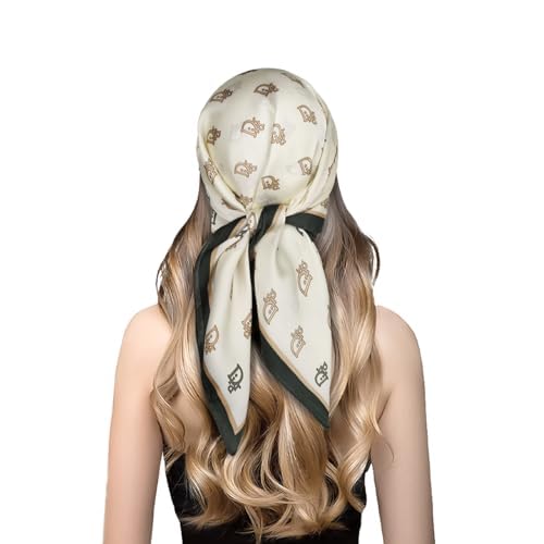 EXTREE Fashion Silky Satin Headscarf for Women Girls: Exquisite Pattern Lightweight Silk Graceful Scarfs 27.5 x 27.5 inches Off White Letter D