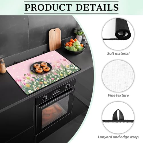 Image of Stove Top Covers for Electric Stove Heat Resistant Glass Ceramic Top Stove Cover Protector Anti-Scratch Induction Cooktop Cover, 29 x 21 Inch, Butterfly Tulip Daisy Mushroom Pink