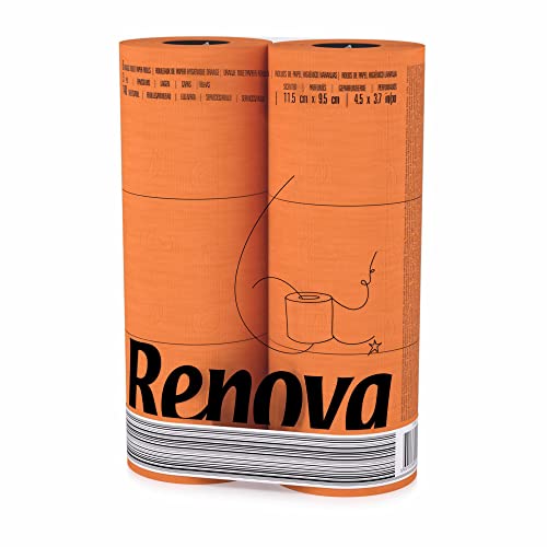 Renova Orange Toilet Paper 3-Ply - Pack of 6 Rolls, 140 Sheets Each - Eco-Label Certified,...