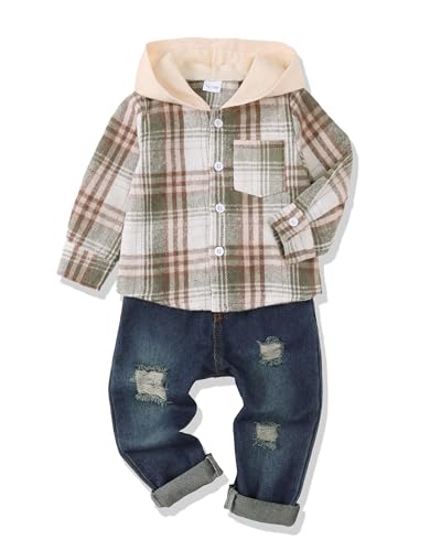 Image of Renotemy Toddler Baby Boy Clothes Denim Outfits Infant Hooded Sweatshirt Jeans Pants Little Boys Clothing