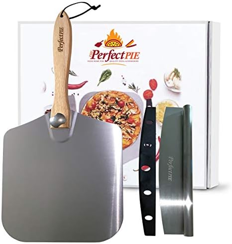 THE PERFECT PIE Premium Pizza Peel 12" x 14" Aluminum Pizza Paddle with Foldable Handle for Storage and 14” Rocker Cutter with Protective Cover. Gourmet Spatula and Cutter Set for Homemade Pizza.