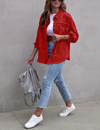 Womens Ripped Distressed Denim Jacket Tops Oversized Casual Long Sleeve Basic Jean Jacket Coats4