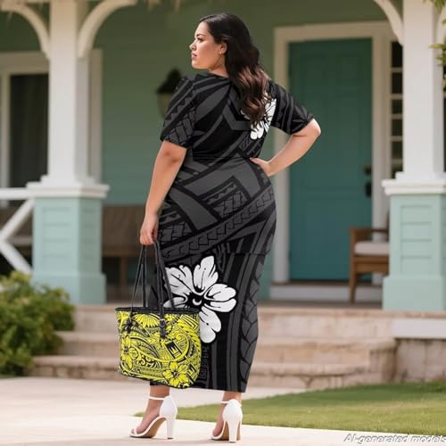 Image of Polynesian Dress for Women Short Sleeve High Waist Maxi Skirt | Puletasi dress, t-shirt and skirt two-piece, elastic material, lightweight, soft, plus size, luau party, wedding, clubwear