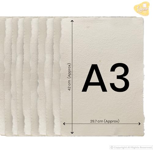 Image of Lakeer A3 Watercolor Paper - Handmade Paper with Deckle Edges | Pack of 10 Sheets, 300 GSM | 100% Virgin Cotton - Acid Free, Suitable for Wet Mediums, Ideal for Artists, Etc.