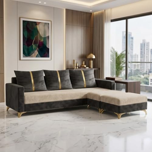 Image of Caviar 5 Seater L Shape Sofa Set with 2 Movable Ottomans | Flexible Layout | Luxury Velvet Suede Fabric | Modern Living Room Sofa | Dark Grey-Cream