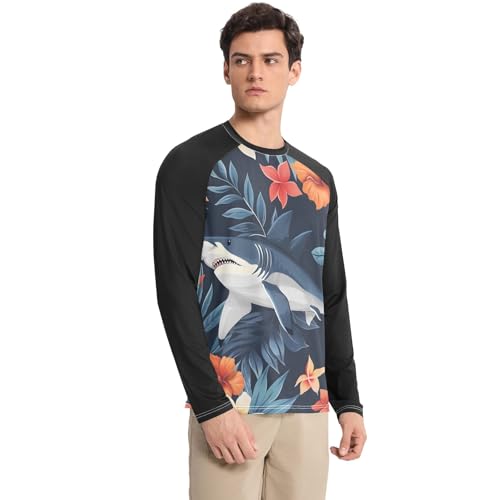 Bolaz Mens UV Protection Shirts Rash Guard Long Sleeve UPF 50+ Shark Tropical Flowers Quick Dry S3
