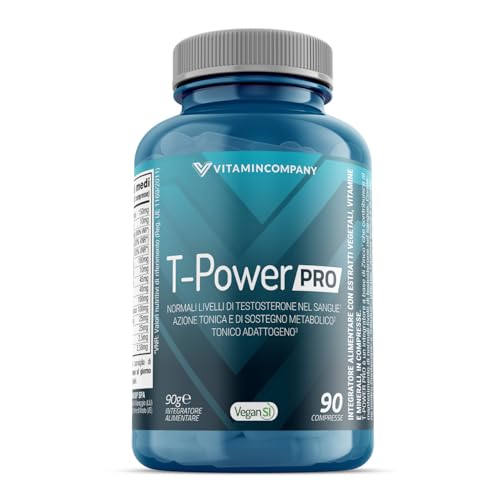 VitaminCompany - T-Power PRO - Supporto Normali Livelli di Testosterone nel Sangue, Azione Tonica e Adattogena, con Estratti Vegetali, Vitamine e Minerali, 90 Compresse