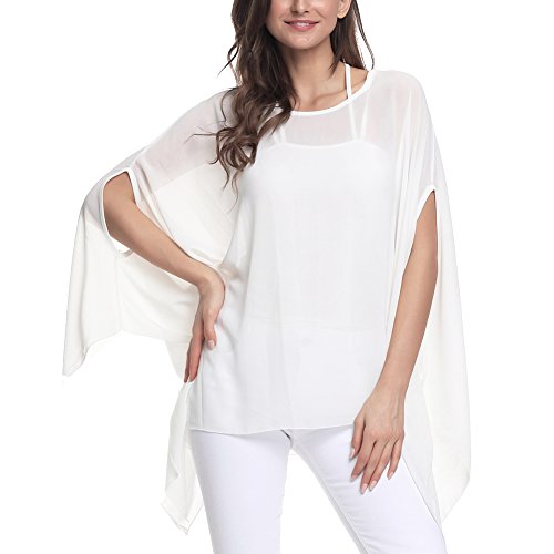 Wiwish Women's Baggy Solid Sheer Chiffon Caftan Poncho Plus Size Batwing Tunic Top Blouse, Off-white Batwing S