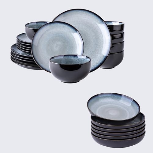 Image of Ceramic Dinnerware Sets of 6,Stoneware Plates and Bowls Sets,Handmade Reactive Glaze Dishes Set,Chip Resistant and Scratch Resistant | Oven&Dishwasher & Microwave Safe-Gray White(24PCS)