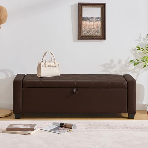 Image of Huatean Home 48 inch Ottoman with Storage, Storage Ottoman Bench with Safety Hinge, Upholstered Entryway Bench with Seating for Bedroom, Living Room, Holds up to 330 lb, Dark Brown