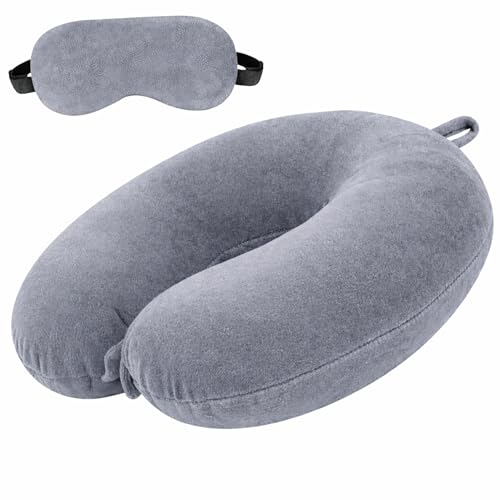 Image of Restify Premium Memory Foam Travel Neck Pillow with Eye Mask | Soft Velvet U Shape Neck Support Cushion for Flight, Airplane, Car & Office Travel | Portable Pillow for Men & Women | Grey