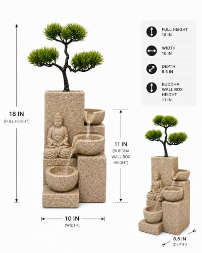 Image of eCraftIndia Buddha Bonsai Tabletop Water Fountain for Home Decor, Indoor Cascading Waterfall Fountain with Buddha Statue & Decorative Tree, Living Room, Bedroom, Office & Meditation Decor