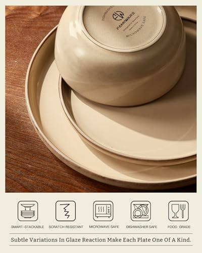 Image of Famiware Milkyway Stoneware Dinnerware Set, 18-Piece, Double Reactive Glaze, Plates and Bowls, Service for 6, Microwave and Dishwasher Safe, Scratch-Resistant, Milk Tea