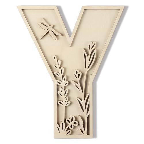 Image of Layered 12 Inch Large Wooden Letters for Wall Decor, Flowered Paintable Wooden Nursery Letters for Crafts Wood Alphabet Letter Y for Birthday Boho Nursery Name Sign Wedding Home Decoration
