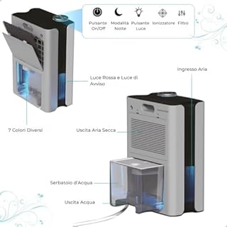 AG 330 Deumidificatore e Purificatore d'Aria – Deumidificazione fino a 1L al giorno, 35m² – Grande serbatoio d'acqua con capacità di 2,7L – Risparmio Energetico, Illuminazione a 7 colori