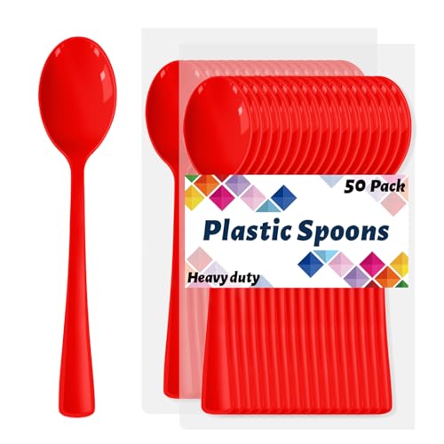 CXPSINC Red Plastic Spoons Disposable 50 Count - 6.8 Inch Heavy Duty Disposable Cutlery Utensils BPA-Free Solid for Party Picnic Catering Daily Use & More (Red)