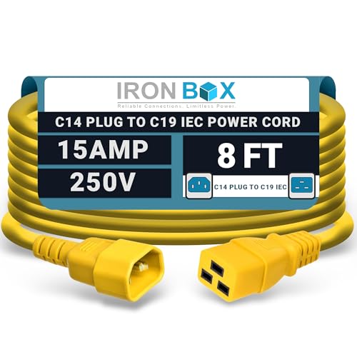 Image of IronBox Electric - Heavy-Duty C14 to C19 Power Cord, 15A, 250V, 14 /3 SJT - IEC60320 PC Cable for Computer Extensions, Monitor, PSU - C14 Male to C19 Female Connector Power Cable - (Yellow 8 Foot)