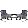 MUPATER 3-Piece Outdoor Rocking Chair Wicker Bistro Set with Table and Cushions, Patio Rattan Rocker Bistro Set for Porch, Grey