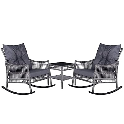 MUPATER 3-Piece Outdoor Rocking Chair Wicker Bistro Set with Table and Cushions, Patio Rattan Rocker Bistro Set for Porch, Grey