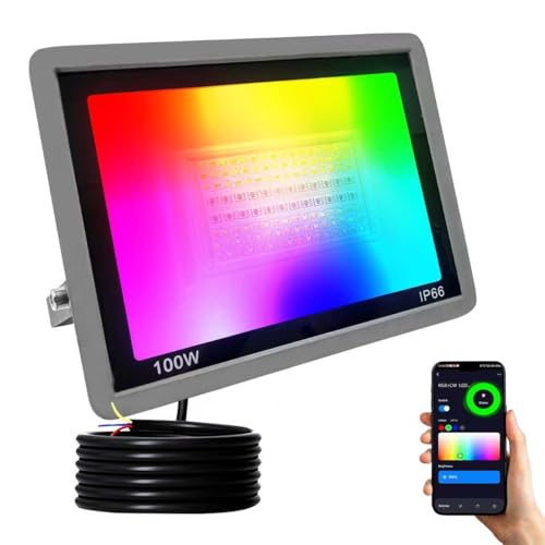 JBdusn 100W Faretto LED RGB Esterno Proiettore, Smart RGBCW Proiettori Colorato con Controllo APP Bluetooth/Wifi, Luci per feste dimmerabili che cambiano colore per Disco Party Halloween Stage Lights
