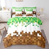 Manfei Pixelated Comforter Set 7 Pcs,Geometric Patchwork Grid Kids Bed Set,Games Miners Comforter,Brown Green Bedding Twin with Comforter,Fitted Sheet,Flat Sheet,Pillowcases,Pillow Covers