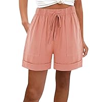 RLEHJN Cotton Linen Shorts Women Clearance Solid Color Loose Pull On Shorts with Pockets Summer Lightweight Casual Pants Folded Hem Elasticated Waist Short Pants Beach Lounge Wear S-3XL Pink