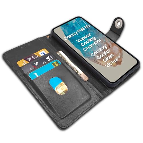 Image of Pikkme Flip Cover Leather Finish | Inside TPU with Card Pockets | Wallet Stand and Shock Proof | Complete Protection Button Flip Case for Samsung Galaxy M35 5G (Black)