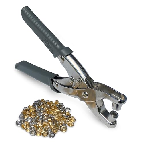 General Tools Eyelet Pliers - Durable and Ergonomic Comfort Grip Eyelet Pliers For Setting Small Eyelets in Leather, Plastic, Rubber, Canvas, Cardboard and More; Includes 100 Multi-Color Eyelets