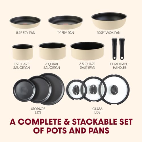Image of T-fal Ingenio Expertise Non Stick Cookware Set 14 Piece, Induction, Oven Broiler Safe 500F, Stackable Cookware, Pots and Pans, RV, Camping, Fry Pans, Dishwasher Safe, Detachable Handle, French Vanilla
