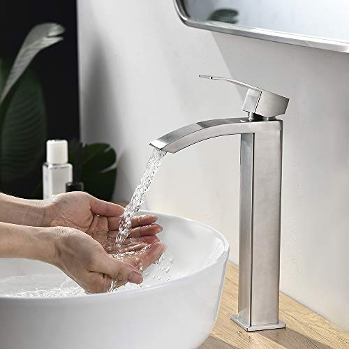 Comllen Vessel Sink Faucet Brushed Nickel, Tall Waterfall Bathroom Faucet, Single Handle One Hole Mixer Bowl Tap With Large Rectangular Spout With Water Hoses #TOP2
