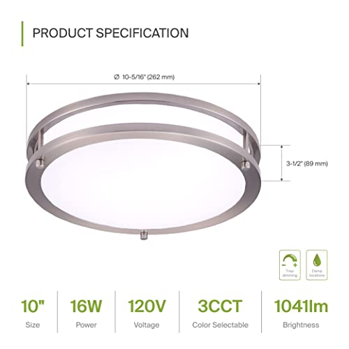 Asd 10 Inch Led Flush Mount Ceiling Light, Dimmable Brushed Nickel Led Ceiling Lighting Fixture For Kitchen, 16W (130W Eqv.), 1050 Lm, 3000K/4000K/5000K Adjustable, Energy Star, Etl Listed #TOP5