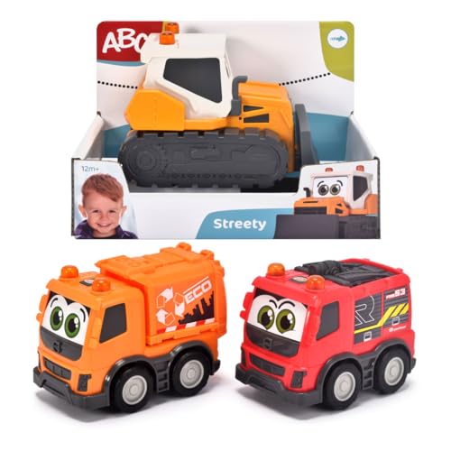 Dickie Toys ABC Streety 204112007 Push Car for Babies and Toddlers from 1 Year Old, Bulldozer, Fire Brigade or Rubbish Collection, 15 cm Toy Car, Orange