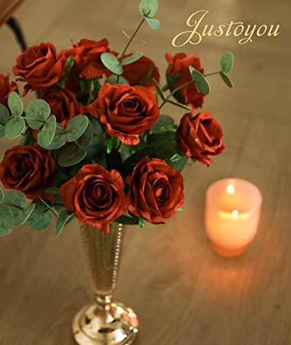 Justoyou 10 Pcs Artificial Burnt Orange Roses Flower, Faux Rose For Wedding Arrangement，Single Fake Flower Realistic Blossom Roses, Real Touch Silk Rose For Home Decor Wedding Party (Burnt Orange) #TOP4