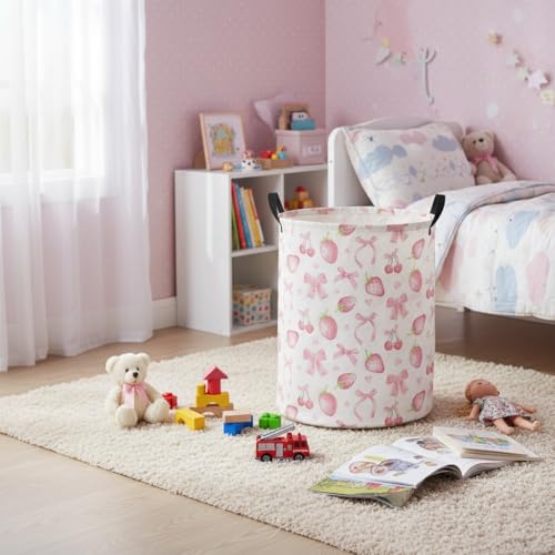 Image of Baby Laundry Hamper kids laundry Basket Waterproof Laundry Bag for Bedroom Clothes Organizer Room Decor(Bowknot strawberry)