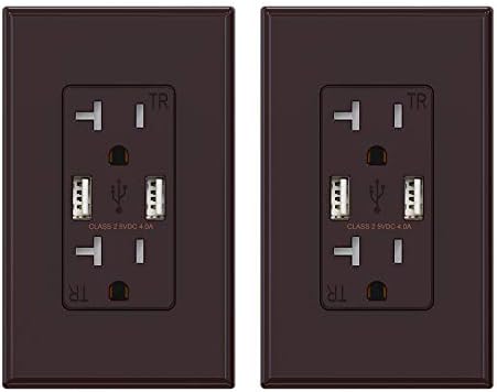 (2 Pack, Glossy Brown) ELEGRP USB Outlet Wall Charger , Dual High Speed 4.0 Amp USB Ports with Smart Chip, 20 Amp Duplex Tamper Resistant Receptacle Plug NEMA 5-20R, Wall Plate Included, UL Listed