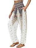 QIANXIZHAN Women's Harem Pants, Joggers Sweatpants Lounge Yoga Boho Clothes with Pockets White Flower