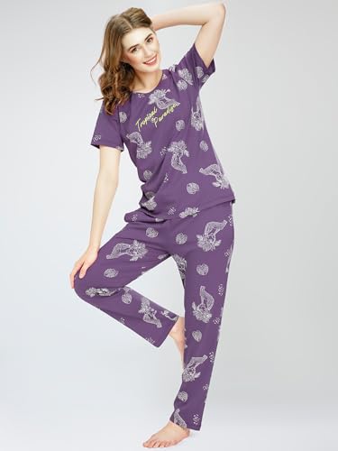 Image of ZEYO Night Suit for Women's Floral & Cheetah Printed Cotton Night Dress of Top and Pajama Set 5779