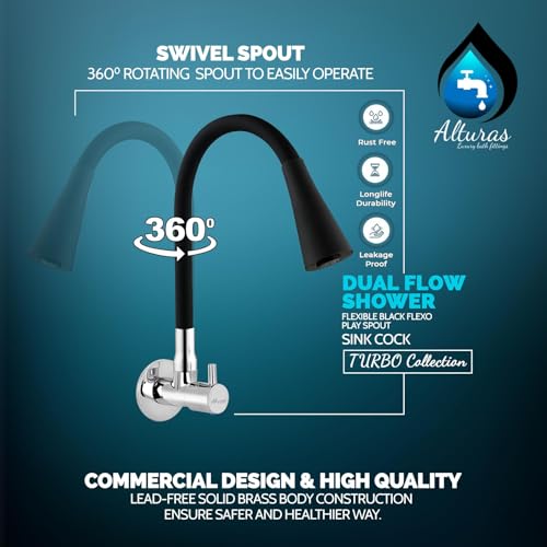 Image of ALTURAS Dual Flow Black Kitchen Sink Cock with 360 Degree Swivel Spout | Kitchen Sink Tap | Kitchen Faucet | Tap for Kitchen (Turbo)