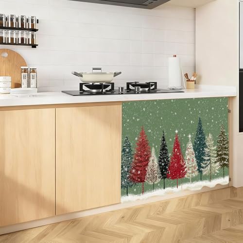 Image of Winter Colorful Pine Trees Snowfall Scene Cabinet Curtain 39.37 x 27.56 Inch Polyester Decorative Cover for Kitchen Sink Cabinet Bathroom Vanity Laundry Area Table Window Door