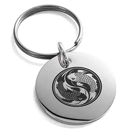 Stainless Steel Koi Fish Yin Yang Symbol Small Medallion Circle Charm Keychain Keyring