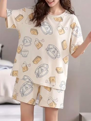 Image of Korean Night Dress |Shorts Set |Round Neck Half Sleeve Nightsuit |Premium Cotton Blend Stylish Digital Printed Pajama Co-ords |Matching 2 Piece Sleepwear Nightwear Cute Pjs |Casual Lounge Sets