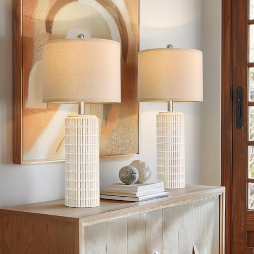 Image of PoKat 27.5'' Tall Table Lamps for Living Room Set of 2, Ceramic Bedroom Lamps for Night Stands, Modern Bedside Lamps for Bedroom Living Room, Nightstand Lamps for End Table, Hallway, Gold and White